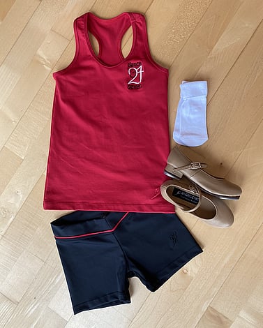 Baby Beats to Fleet Feet 2 - Red Racer Back SingletBlack Shorts - as in picture or with studio brandWhite socksTan Tap Shoes - split sole from Rhythm Rockets 1