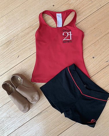 Broadway Baby to Level 7 - Red Racer Back SingletBlack Shorts - as in picture or with studio brandTan Jazz Shoes - half shoes/pirouette shoes from Level 5