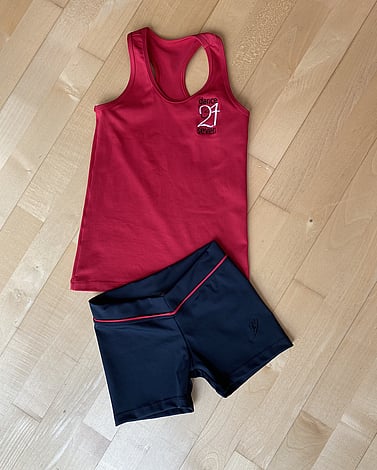 Level 1 to Level 7 - Red Racer Back SingletBlack Shorts - as in picture or with studio brand