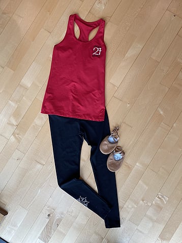 Level 9 onwards - Red Racer Back SingletFull Length LeggingsTan Half Shoes