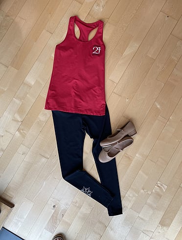 Fleet Feet 3 onwards - Red Racer Back SingletFull Length LeggingsTan Tap Shoes - Split sole