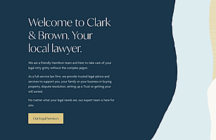 website content for CB Lawyers in Hamilton. Image shows a text section and abstract design sample from the website