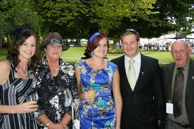 From left: Sarah, Gail, Casey and Nigel Drought alongside Gail’s father Ron (far right) at Ellerslie Racecourse in 2012.