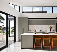Kitchen and dining area with raking windows & highlight glazing, Raglan build