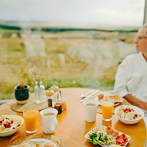 Breakfast enjoyed inside a SkyScape cabin overlooking the Mackenzie Basin