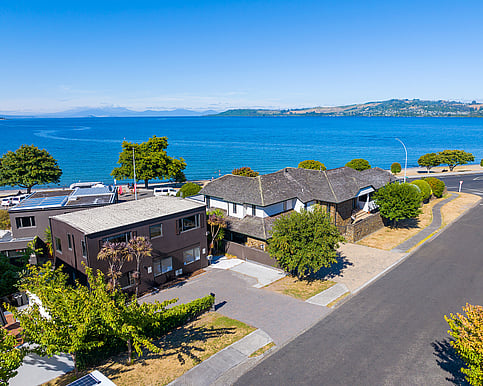 Exterior shot of Gather Taupo. Situated across the road from Lake Taupo.