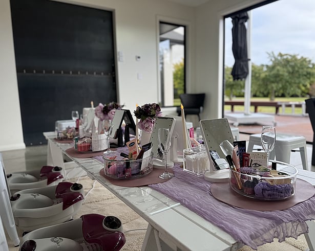 “Luxury pamper party setup with beauty treatments and styling by Sleeping Beauties Southland.”