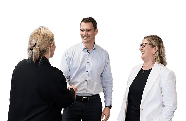 Gallie Miles Directors Alex McIvor and Shelley Greer greeting a client in reception