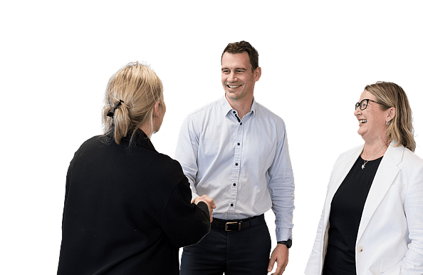 Gallie Miles Directors Alex McIvor and Kirsty McDonald greeting a client in reception