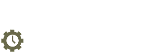 Olive green cogwheel icon with a clock face in the centre.