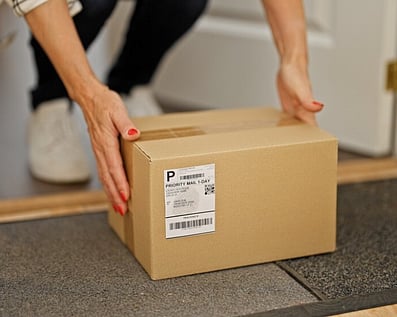 Man handing woman a box of printing