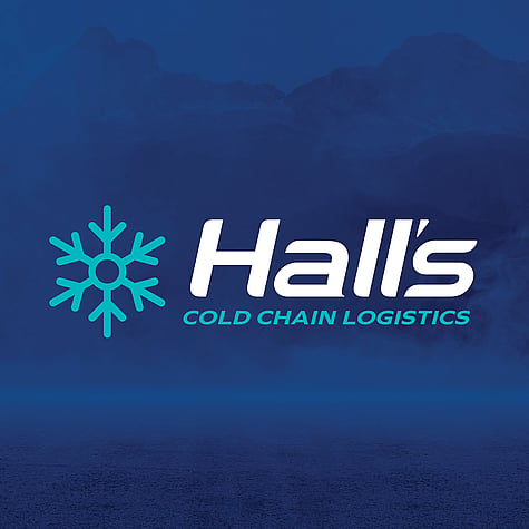 Close up of the Halls teal and white logo with snowflake on an icy blue background.