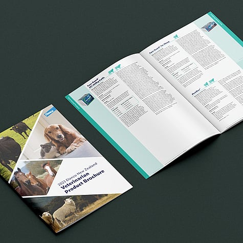 Pages from Elanco product brochure, highlighting cover with pictures of animals in diamond grid, as well as an inside double page spread with technical product information.