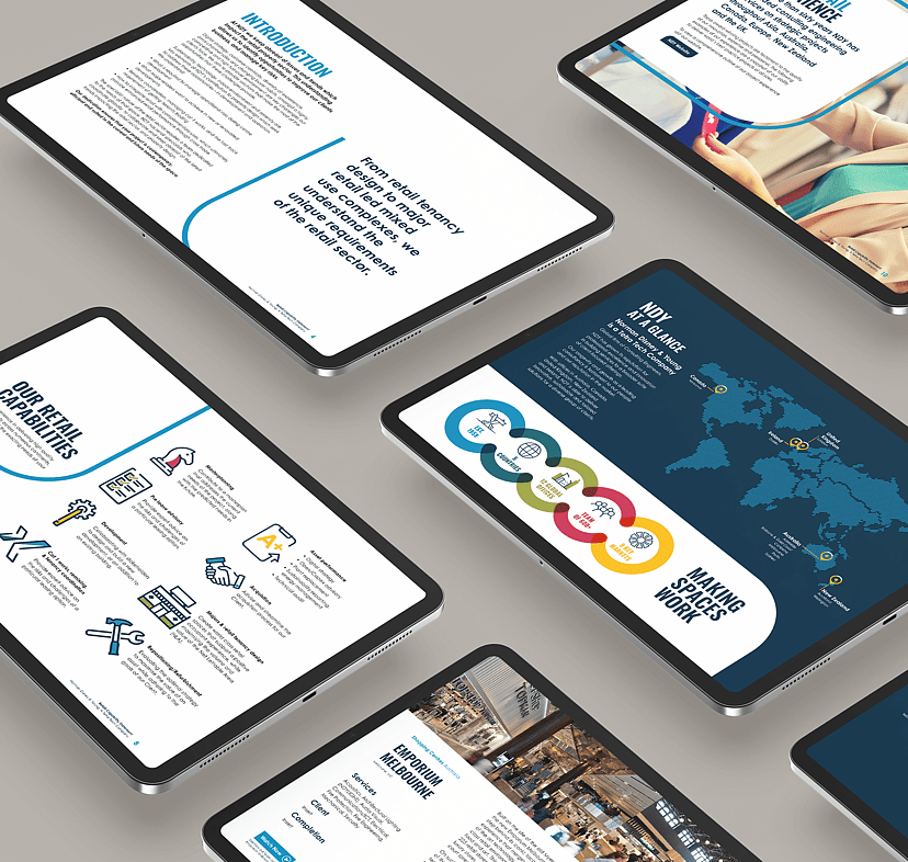 Multiple tablet devices showcasing NDY's Retail Capability statement using a clean, minimal design with engaging icons and easy to read breakout text.