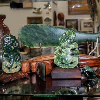 a collection of Maori  Pounamu (Jade) pendants and jewellery at Rotorua Antiques & Collectables