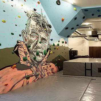 indoor climbing wall with art murals painted on the walls