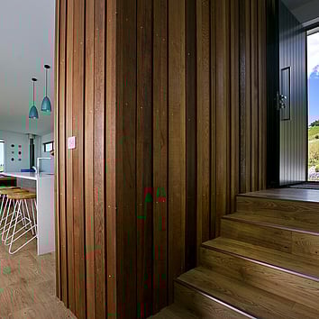 Internal timber cladding and black front door and stairs.
