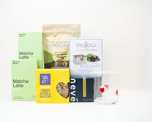 Matcha gift box NZ — NZ-made gift box with Morning Made matcha, Nevé candle, Homelab glass and artisan chocolate