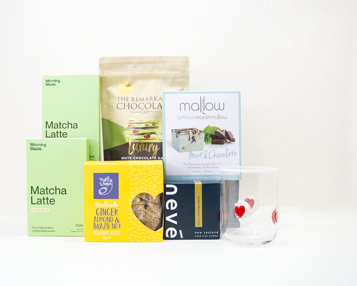 Matcha gift box NZ — NZ-made gift box with Morning Made matcha, Nevé candle, Homelab glass and artisan chocolate