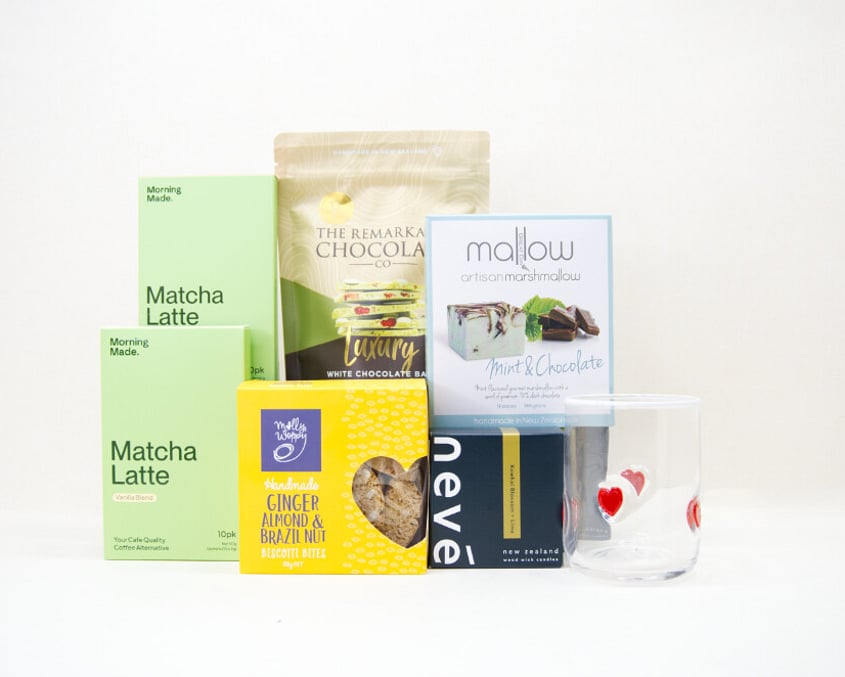 Matcha gift box NZ &mdash; NZ-made gift box with Morning Made matcha, Nev&eacute; candle, Homelab glass and artisan chocolate