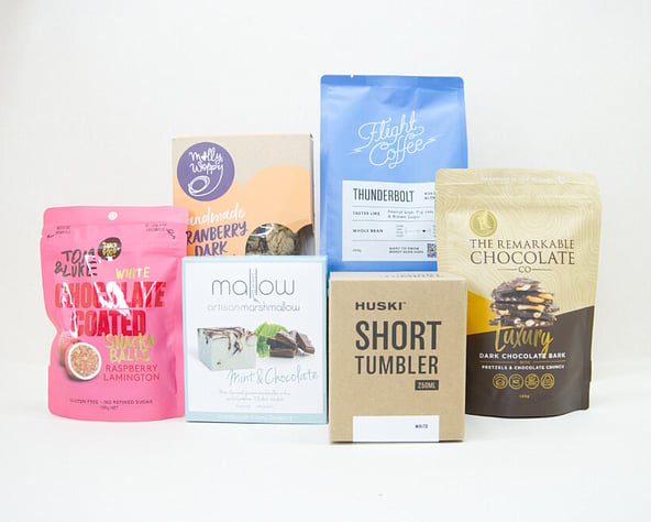 Coffee gift box NZ — NZ-made gift box with Flight coffee, Tom & Luke balls, artisan cookies and chocolate