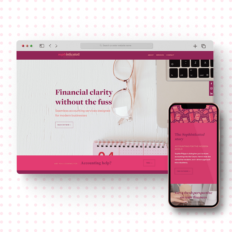 Laptop and mobile phone displaying a website with a financial clarity theme, both surrounded by a pink polka dot frame