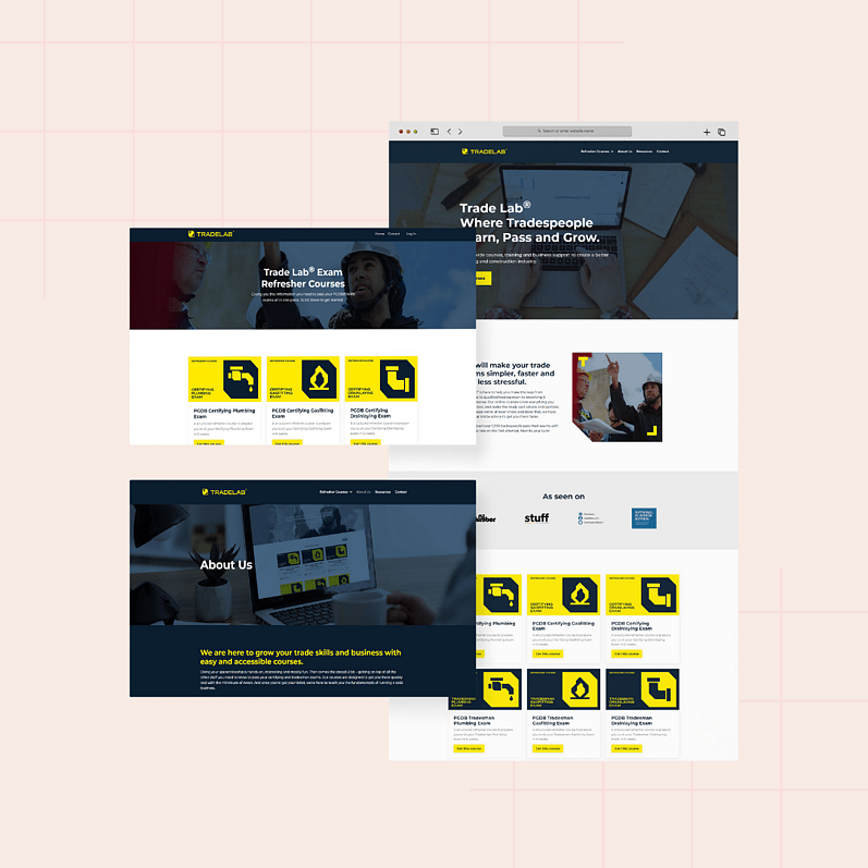 Three computer screens displaying the Trade Lab website with yellow and black design elements, framed by a soft pink background