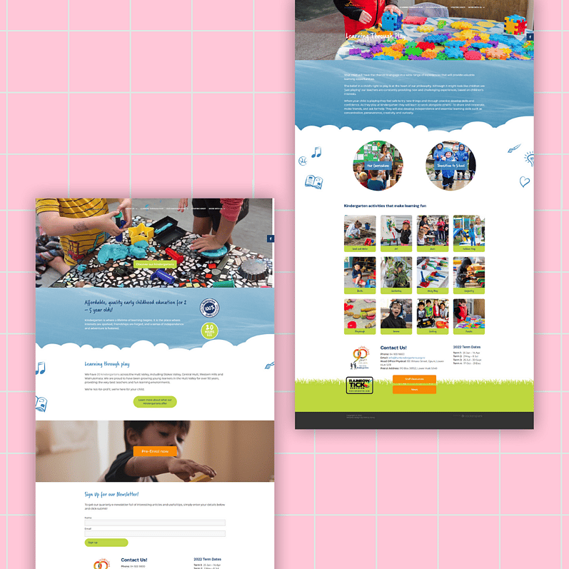 Two website screenshots on a pink grid background showing colourful and playful designs with children engaging in educational activities