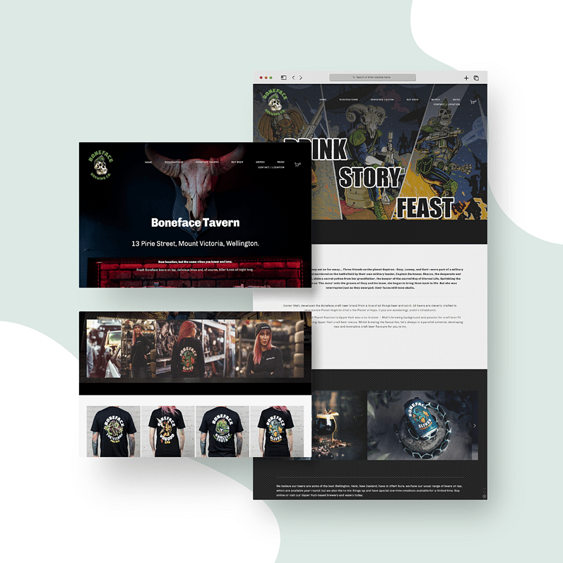 Boneface Brewing Co. website with a dark background featuring menu options, images of staff and merchandise