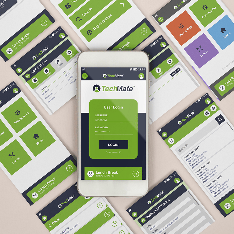 Mobile app interface for TechMate featuring a user login page and various screens with neon green and navy blue navigation options