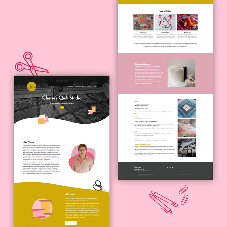 Website design for Cherie's Quilt Studio featuring a yellow, pink, and grey colour scheme, with images of quilts and sewing tools