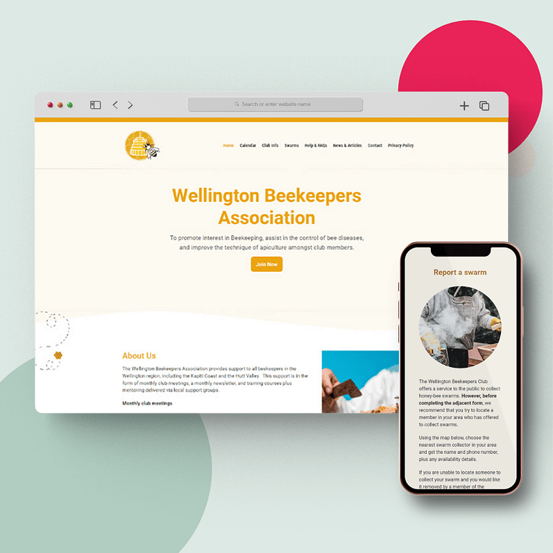Website design for Wellington Beekeepers Association with a yellow and white colour scheme, showing details about bee swarm reporting and monthly meetings