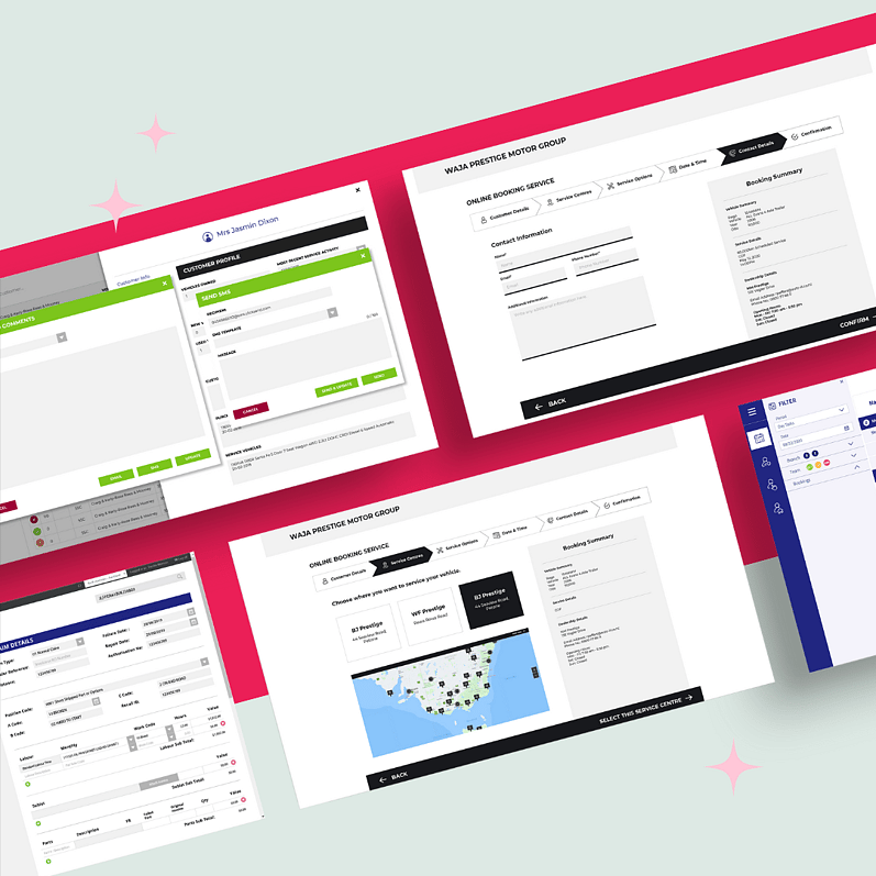 Collage of website design mockups for an online booking services, featuring form fields, maps, and booking summary details