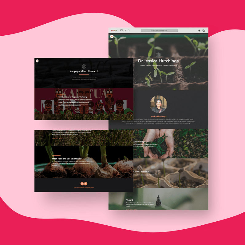 Collage of website designs featuring Kaupapa Māori Research and Dr. Jessica Hutchings, with images of plants and research details on soil sovereignty