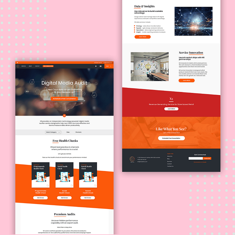 Two website pages displaying services for digital media audits, free health checks, and premium audits with orange and red accents