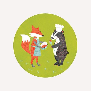Digital illustration of a fox and a badger baking with bowl and spoon