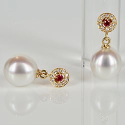 Drop pearl earrings with rubies and diamonds