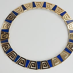 Greek necklace of lapis lazuli and 18ct yellow gold meander key