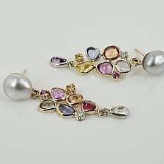 Handmade earrings of pearls, diamonds and pink sapphires