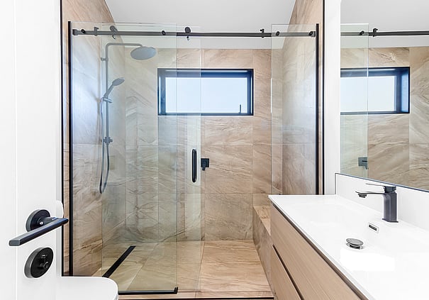 Modern glass shower and bathroom inside a Roam Taupo unit