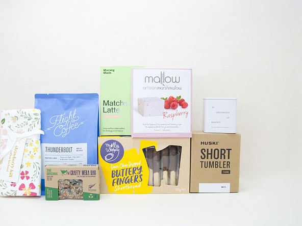 Morning Tea gift box NZ — NZ-made gift box with Flight coffee, Huski tumbler, On Sunday tea and artisan cookies
