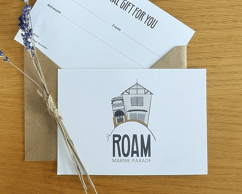 Image of Gift Vouchers available to purchase at ROAM Marine Parade cafe in Napier, Hawkes Bay. New Zealand.