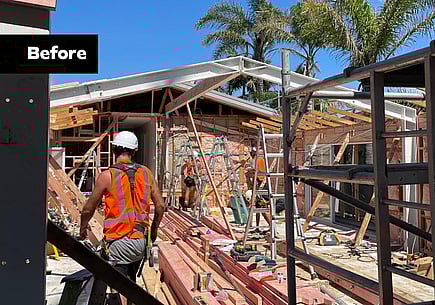 Before image of the home renovation living space in Mount Maunganui, showing the framing and construction of the new open-plan living space.