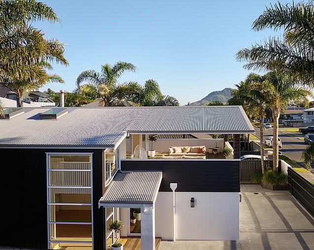 A newly renovated home completed by renovation builders in Mount Maunganui. In this image, you can see the builders' renovated home, large palm trees next to the property, and Mauao in the distance. 