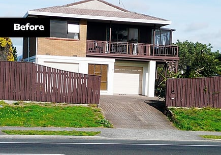 The image show the home before the renovation which is an old dated 1970's two story home.