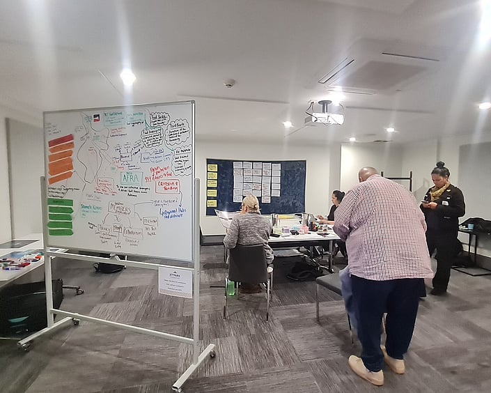 People working in a workshop space with a whiteboard of ideas and planning notes, while others review materials at a table.