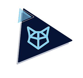 Light blue geometric Midnight Fox Admin Logo on a light blue and navy blue geometric triangles