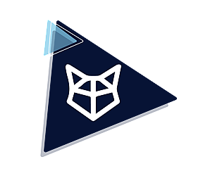 White geometric Midnight Fox Admin Logo on a light blue and navy blue geometric triangles