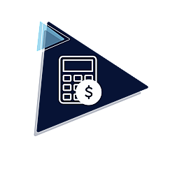 Branded Icon of a calculator and dollar sign,  on navy blue and light blue geometric triangles