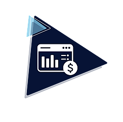 Branded Icon of a graph on a screen and dollar sign,  on navy blue and light blue geometric triangles